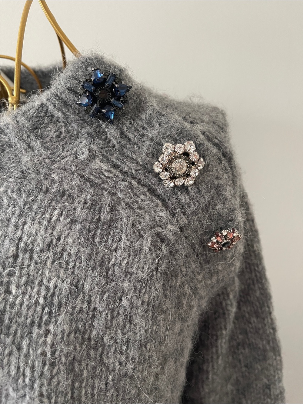 ba&sh Grey Crewneck Sweater with Jeweled Shoulder Accents - Picture 2 of 3